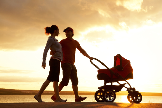 Family walk at sunset